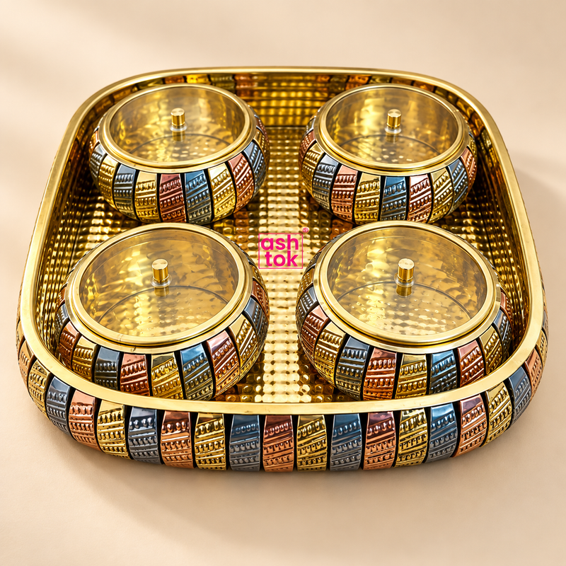 Bulk gifting image of the Ashtok Gift Bowls Tray featuring multiple identical tray sets styled in an elegant festive setup, showing the product as a premium gifting option for weddings, return gifts, festive hampers, and corporate gifting.