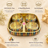 Feature image of the Ashtok Gift Bowls Tray set displaying four matching lidded bowls placed in a decorative tray, highlighting key features such as gift bowls tray design, 4 matching bowls, lid included, decorative multitone finish, and suitability for serving and gifting.