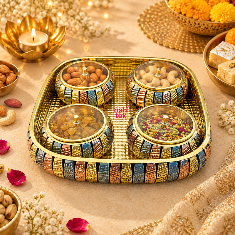 Lifestyle image of the Ashtok Gift Bowls Tray set arranged in a festive setting, with the decorative bowls filled with almonds, cashews, raisins, and mukhwas, showing its use for serving dry fruits, snacks, and mouth fresheners during special occasions.