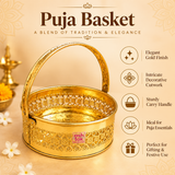 Product infographic showcasing the Ashtok brass Puja Basket, subtitled "A Blend of Tradition & Elegance". The main image shows a round, metallic gold basket with intricate cutwork patterns around the sides and an attached overhead arched handle. To the right, five feature callouts highlight "Elegant Gold Finish", "Intricate Decorative Cutwork", "Sturdy Carry Handle", "Ideal for Puja Essentials", and "Perfect for Gifting & Festive Use".