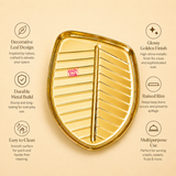 Infographic displaying key features of the Ashtok gold leaf tray: decorative leaf design, glossy golden finish, durable metal build, raised rim, easy to clean, and multipurpose use.