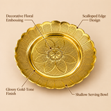 ASHTOK decorative gold-tone serving plate with floral embossing, scalloped edge and glossy finish