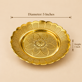 ASHTOK gold-tone serving plate size guide showing 5 inch diameter and 1 inch height