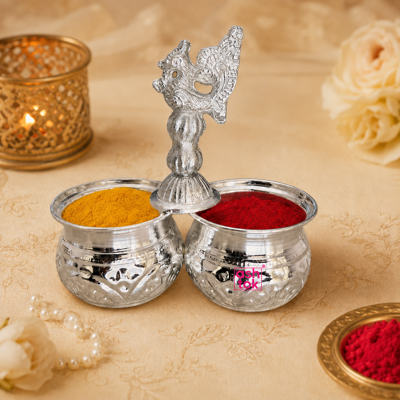 ASHTOK silver haldi kumkum holder filled with turmeric and red kumkum for traditional ceremonies