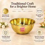 ASHTOK hammered brass bowl features image highlighting the handcrafted hammered brass finish, round bowl shape, durable metal construction and versatile design suitable for serving, pooja, festive occasions and traditional gifting.