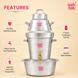 Infographic showing features of the Ashtok 3-piece traditional aluminium Irani chai tea set, including durable aluminium body, brass tap, side handles, and collection bowl.