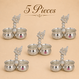 ASHTOK kumkum haldi holder with two silver-tone bowls and decorative peacock handle on beige background
5 piece PIECE kumkum holder set for bulk orders
