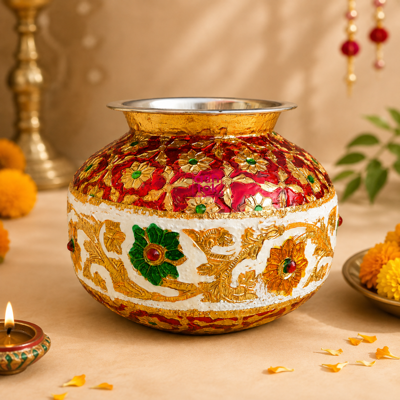 ASHTOK decorative Meenakari ghada with red white gold and green floral detailing in a festive setting