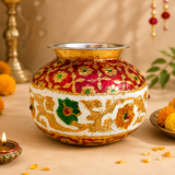 ASHTOK decorative Meenakari ghada with red white gold and green floral detailing in a festive setting