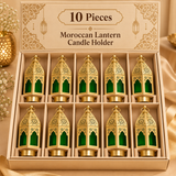 Ten piece gift pack image of the Ashtok Moroccan Lantern Candle Holder arranged inside a large premium beige presentation box with individual compartments. The set includes ten identical Moroccan lantern candle holders placed in two organized rows, each with a matching removable candle cup. Every lantern features a polished gold finish, decorative Moroccan perforations, elegant top ring and deep green glass panel windows, creating a striking luxury presentation. This quantity option is ideal for festive gif
