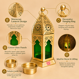Feature infographic image of the Ashtok Moroccan Lantern Candle Holder designed on a warm beige background with detailed visual callouts explaining the main product highlights. The central product is a gold-toned Moroccan lantern with green glass panels, decorative perforated floral cutwork, a hanging ring at the top and a removable candle cup shown below. The infographic highlights important selling points such as Moroccan lantern design, decorative hanging ring, green glass panels, inclusion of the candle