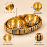 ASHTOK oval serving tray with two lidded bowls, hammered gold-tone finish and decorative multitone border