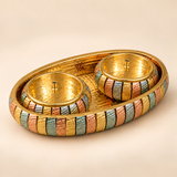 ASHTOK multitone oval serving tray set with two matching lidded bowls on beige background