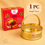 Packaging and product promo graphic titled "1 PC Single Piece" for the Ashtok Puja Basket. An empty round brass basket with an overhead handle is positioned next to its red Ashtok branded gift box featuring printed text badges such as "5 Star Brand", "Export Quality", and bullet points emphasizing trust, quality, and genuine pricing.