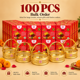 Marketing graphic for the Ashtok Puja Basket 100 Pcs Bulk Order, designed for large events and festive orders. Multiple gold puja baskets with arched handles are displayed in the foreground against stacked red Ashtok product boxes. Four feature badges along the bottom summarize "100 PCS Bulk Order", "Ideal for Large Events", "Perfect for Return Gifts", and "Great for Festive Orders".