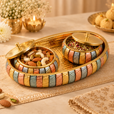 ASHTOK serving tray with two lidded bowls used for serving dry fruits, nuts and festive snacks