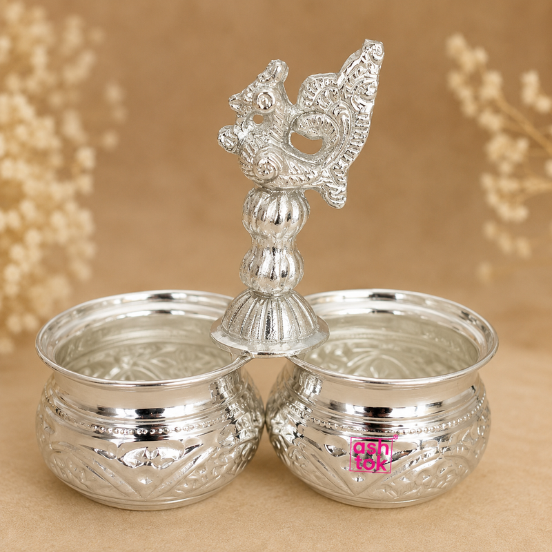 ASHTOK silver haldi kumkum holder with two embossed bowls and decorative bird finial
