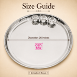 Size guide image for Ashtok stainless steel Mandi thali showing a 26-inch diameter measurement line and 3 small bowls included.
