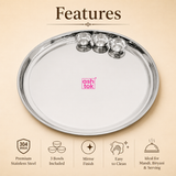 Features infographic for Ashtok 304 grade stainless steel Mandi thali highlighting 3 bowls included, mirror finish, easy to clean, and ideal for Mandi and Biryani serving.