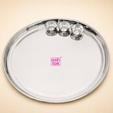 Ashtok mirror-finish stainless steel large Mandi thali platter with three matching small bowls placed along the top inner rim.