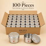 Bulk pack of 100 ASHTOK stainless steel round containers with tree design lids for return gifts and events