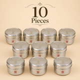 Pack of 10 ASHTOK stainless steel round containers with decorative tree design lids for bulk gifting