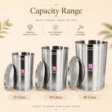 Ashtok stainless steel storage container drum set shown in 25 Litres, 30 Litres, and 40 Litres capacity variants with individual lids, highlighting rust resistance and durable build.