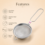 Features infographic for the Ashtok tea strainer highlighting fine mesh filtering, 304 stainless steel body, long easy-grip handle, rest hook support, and easy cleaning.