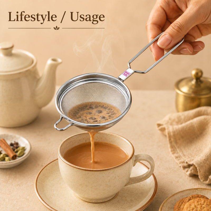 Action shot of hot tea being strained through an Ashtok stainless steel chai channi into a ceramic teacup on a table setting.
