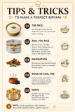 Infographic showing five essential tips for making perfect dum biryani, including choosing long-grain basmati rice, boiling rice to 75%, marinating meat, cooking on wood or coal fire, and serving biryani without mixing.