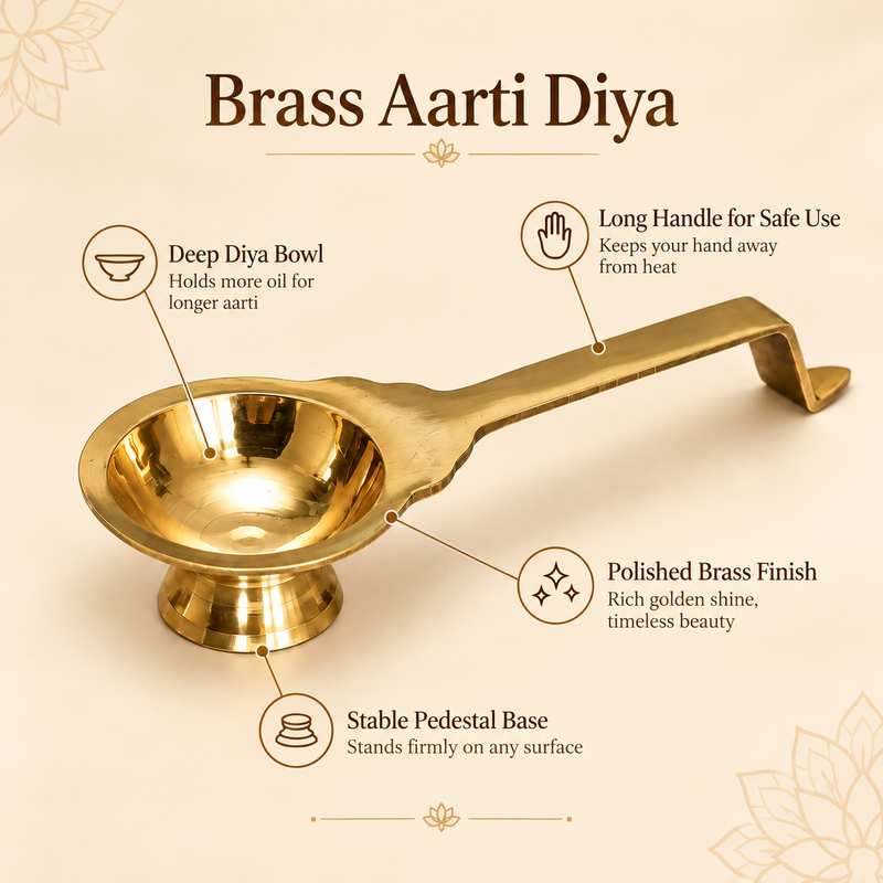 Brass Aarti Diya showing deep diya bowl, long handle for safe use, polished brass finish and stable pedestal base