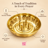 Brass agarbatti stand infographic showing key features including multi-stick incense holder design, central placement structure, wide ash-catching tray and polished brass finish, displayed on a beige background with ASHTOK branding.