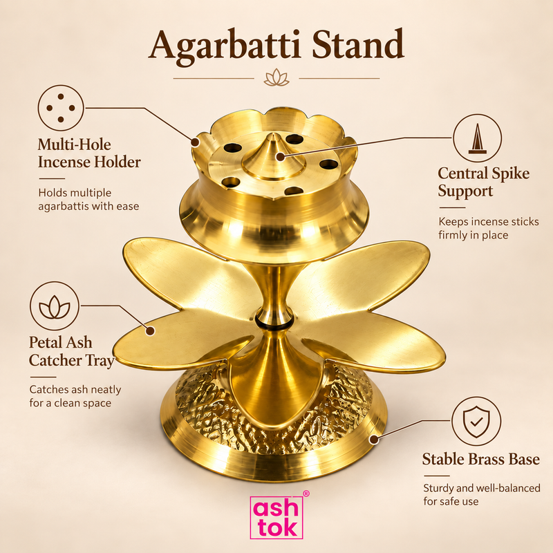 Brass agarbatti stand showing multi-hole incense holder, central spike support, petal ash catcher tray and stable brass base.