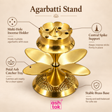 Brass agarbatti stand showing multi-hole incense holder, central spike support, petal ash catcher tray and stable brass base.