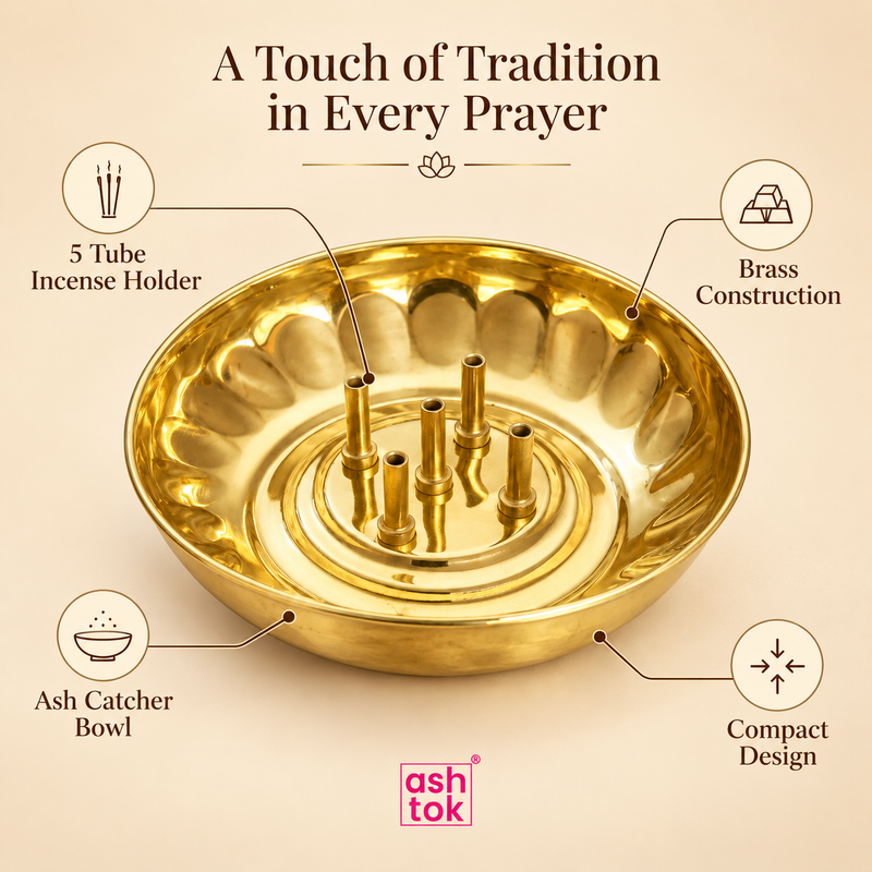 Product features infographic showcasing a traditional brass agarbatti stand with five hollow incense stick holding tubes, polished golden brass construction, decorative scalloped bowl design and an integrated ash catcher. The compact round incense holder is designed to accommodate multiple agarbatti sticks during daily pooja, meditation, home mandir worship and traditional religious ceremonies.