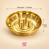 Brass agarbatti stand with circular tray and five incense stick holders displayed with size information, showing 3 inch diameter and 1 inch height, presented on a beige background for easy product size reference.