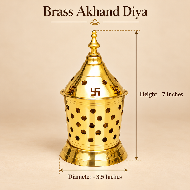 Brass Akhand Diya measurement guide showing an overall height of 7 inches and a diameter of 3.5 inches. The golden brass pooja lamp features a decorative conical lid with traditional Swastik cutouts, circular ventilation holes, a pointed ornamental finial, perforated cylindrical body, and a stable stepped base. This size reference helps customers understand the dimensions of the traditional Akhand Jyoti brass oil lamp for home temples, Navratri pooja, Diwali celebrations, and daily devotional worship.
