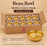 10 pieces value pack image of brass bowls showing a compact bulk order presentation, clearly indicating that the order includes 10 brass bowls in total, suitable for gifting, reselling, festive distribution or small bulk requirements.