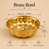 Brass bowl size guide image showing a polished brass bowl with approximate dimensions of 5 inch diameter and 2.5 inch height, designed for product reference and helping buyers understand the size, depth and serving capacity of the bowl.