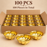 Bulk pack image showing 100 pieces of 7 inch brass decorative serving bowls arranged in simple cardboard packaging, suitable for wholesale, return gifts, or event orders.