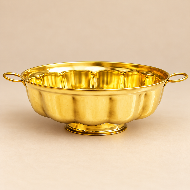 Brass Bowl 7 Inch Decorative Serving bowl in polished brass finish with side handles, shown on a beige background as the main product image.