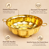 Feature infographic of the 7 inch brass decorative serving bowl highlighting polished brass finish, decorative serving use, dual side handles, and suitability for sweets, dry fruits, and festive décor.