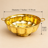 Size guide image of the 7 inch brass decorative serving bowl showing diameter 7 inches or 17.78 cm and height 3 inches or 7.62 cm on a beige background.