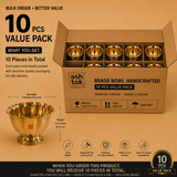 10 PCS value pack of handcrafted brass bowls, 4-inch diameter and 2.5-inch height, individually packed in a bulk carton for wholesale gifting, hotelware, return gifts, and bulk orders by Ashtok.