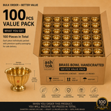 100 pcs value pack of handcrafted brass bowls, 4 inch diameter and 2.5 inch height, individually packed in a bulk carton for wholesale, return gifts, hotelware and gifting by Ashtok.