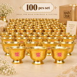 Bulk presentation of 100 Brass Chandan Bowls with many polished golden bowls arranged in a premium gifting display, suitable for wholesale orders, wedding return gifts, religious events and large quantity festive gifting.