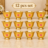 Set of 12 Brass Chandan Bowls displayed in an organized bulk arrangement, featuring matching golden bowls with classic pedestal bases, suitable for weddings, puja functions, festive gifting and bulk orders.