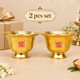 Set of 2 Brass Chandan Bowls displayed together on a premium beige background, each featuring a polished golden finish, flared rim and pedestal base, suitable for puja use, gifting and traditional ceremonies.