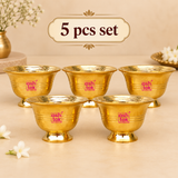 Set of 5 Brass Chandan Bowls arranged neatly on a premium beige studio background, featuring matching polished brass bowls with flared rims and pedestal bases for festive gifting, return gifts and religious functions.