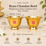 Size guide for Brass Chandan Bowl showing approximately 3 inches diameter, 2.5 inches height and 150 grams weight for each bowl, with clear measurement markings on a premium beige background for easy product reference.